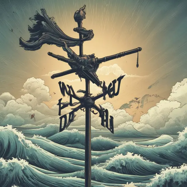 DJIA stock index pointer navigating a turbulent economic sea influenced by interest rates, inflation, and GDP waves