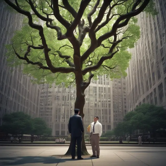 An institutional investor studying a changing Dow Jones Industrial Average tree, with branches influenced by economic indicators (interest rates, inflation, GDP) and market trends.