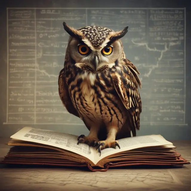 An owl examines DMI-filled scrolls for insightful market trends and investment strategies