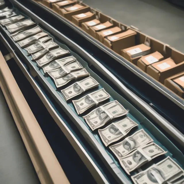 Conveyor belt moving bills, invoices, and currencies representing the exchange in documentary collection