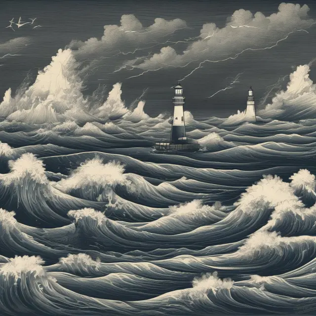 Stormy sea with sinking ships representing the 2008 financial crisis, with a beacon of hope in the form of a lighthouse symbolizing regulatory reform and the Dodd-Frank Act