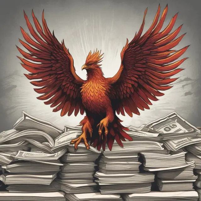 A phoenix emerging from piles of financial reports represents the reformation and resilience brought about by the Dodd-Frank Act