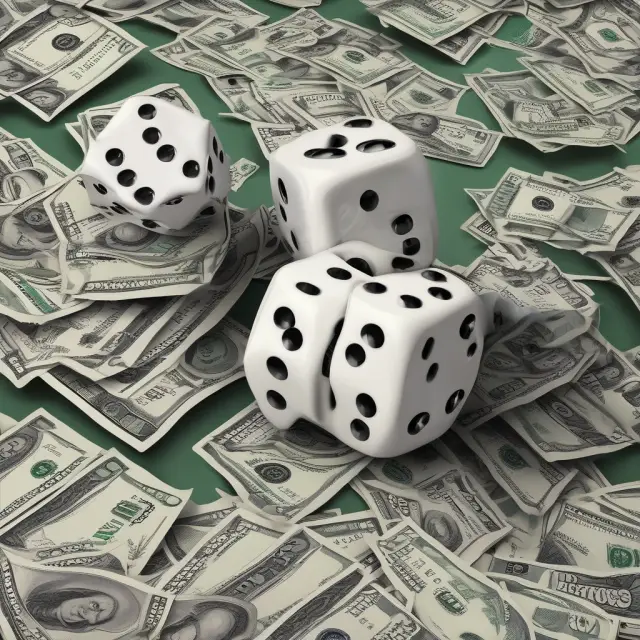 A set of dice with economic growth, regulatory relief, consumer protection symbols rolling towards a scale representing the balance between industry needs and safeguards.