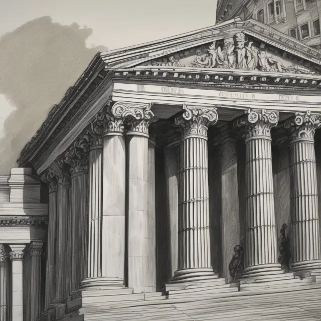 Two pillars representing Glass-Steagall Act (traditional banking separation) and Dodd-Frank Act (comprehensive reform), symbolizing U.S. financial regulation history.