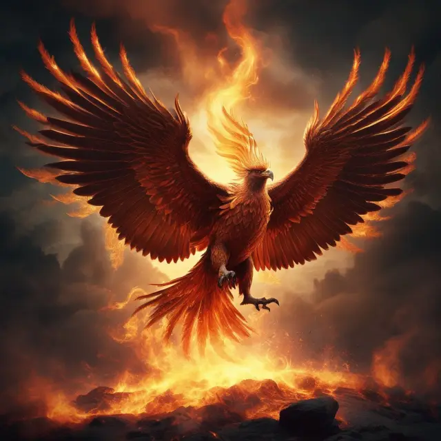 Majestic Phoenix rising from 10 Dow Jones Industrial Average stock ashes, representing Dogs of the Dow Strategy