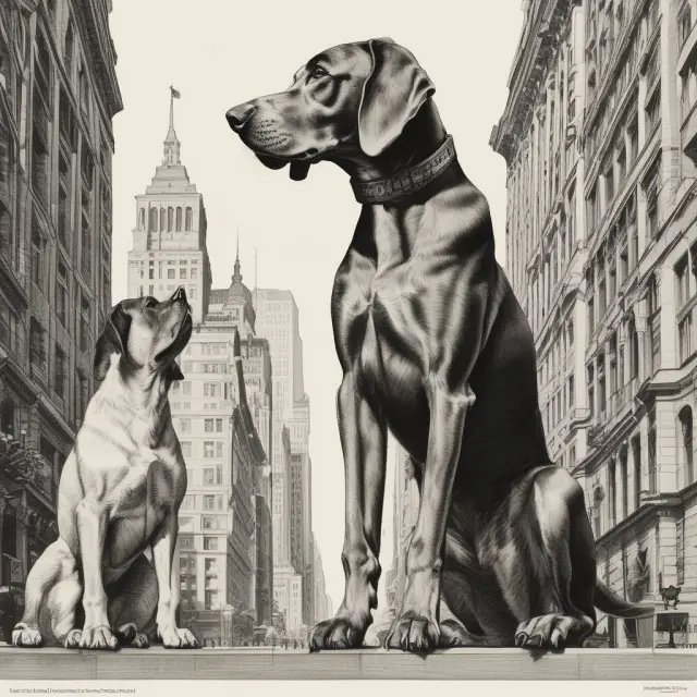 A loyal hound barking at the mighty Dow Jones Industrial Average, symbolizing the potential for higher returns through Dogs of the Dow investment strategy