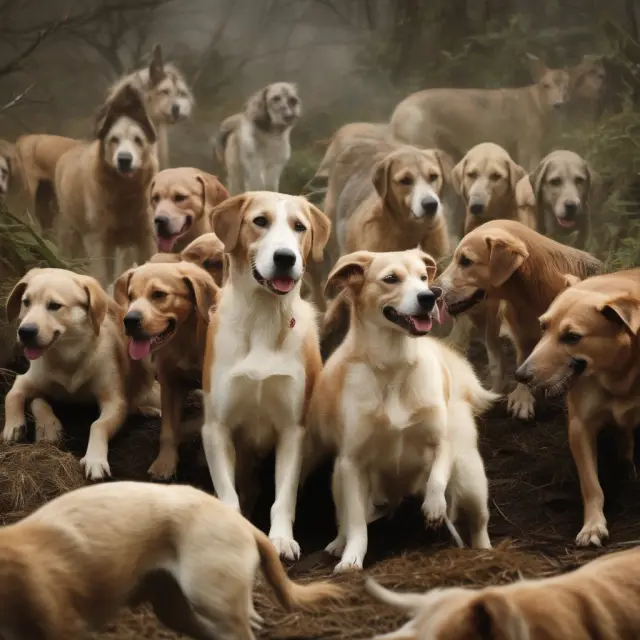 A pack of hounds with leashes representing Dogs of the Dow, Dogs of the S&P 500, and Dogs of the NASDAQ chase high dividend yielding stocks from their respective indices