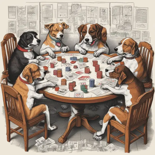 A joyful group of dogs sitting at a table, surrounded by financial graphs, calculators, and tools symbolizing Dogs of the Dow resources