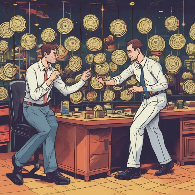 Two dancers, doji and spinning top, performing a delicate dance on a financial chart, representing indecision between buyers and sellers in the stock market.