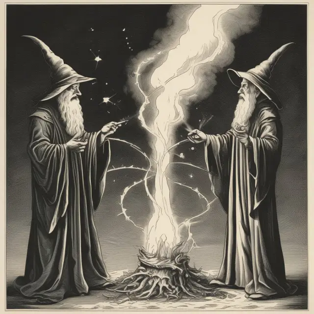 A trio of magicians representing Macaulay, modified, and dollar duration casting spells on bonds, illustrating their impact on bond price changes with varying interest rate fluctuations.
