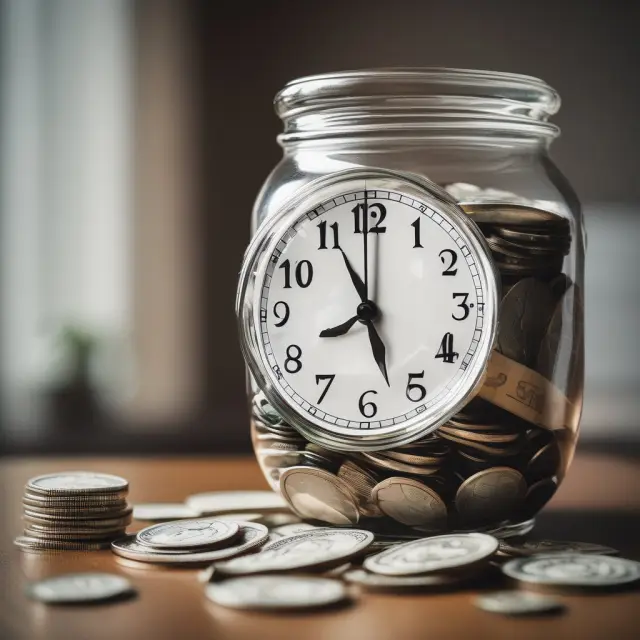 A jar filling with dollar bills as a clock ticks, symbolizing regular investments through dollar-cost averaging