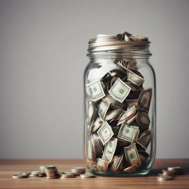 A jar filled with dollar signs being consistently poured into by a stream, illustrating the concept of investing in mutual funds and index funds using dollar-cost averaging