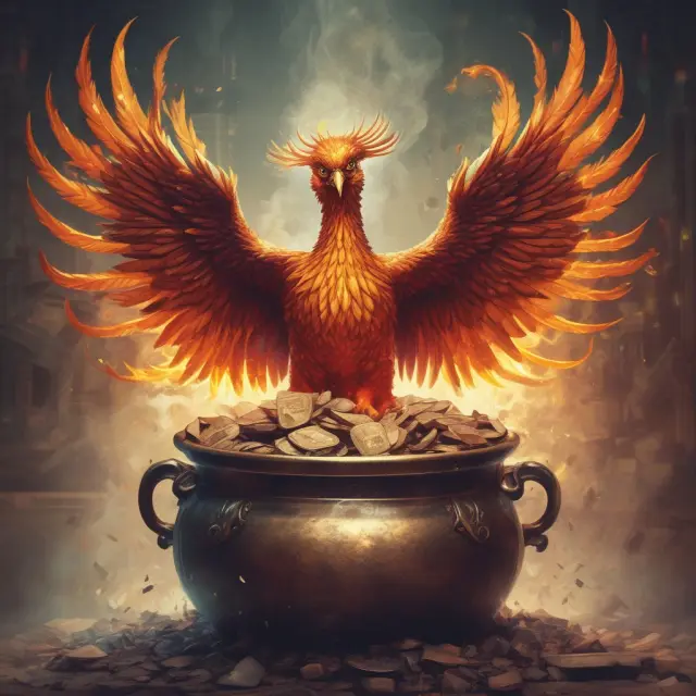 Phoenix rising from a cauldron of stocks, illustrating the benefits of dollar-cost averaging for long-term investors