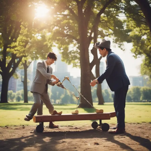 Beginner and long-term investors exchanging coins on a seesaw, emphasizing dollar-cost averaging