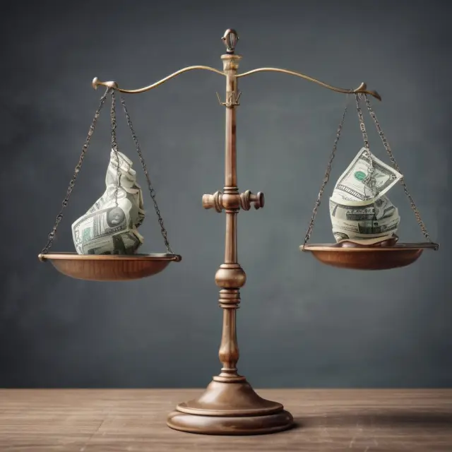 An investor holding a scale with one pan filled with market trend indicators and the other with research books, emphasizing the importance of balancing both in dollar-cost averaging