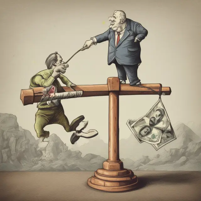 A seesaw illustrating two currencies; one represented by an unstable coin and the other by a strong US dollar