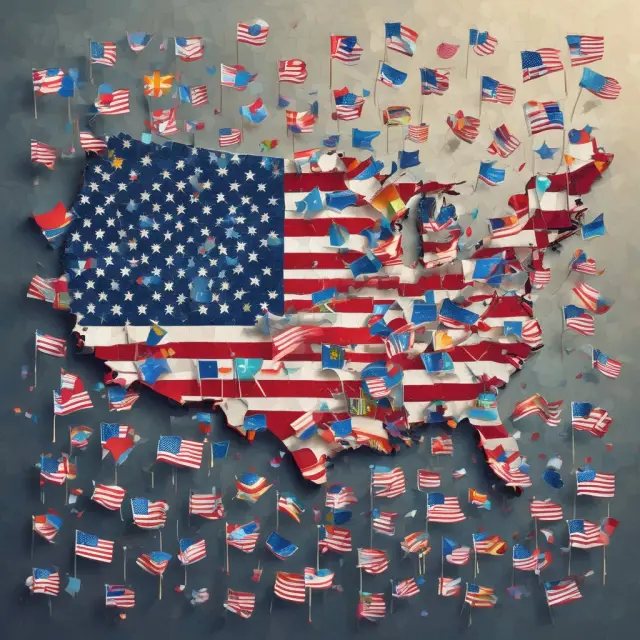A mosaic of US flags forming a corporate entity, symbolizing the tax contributions from each state.