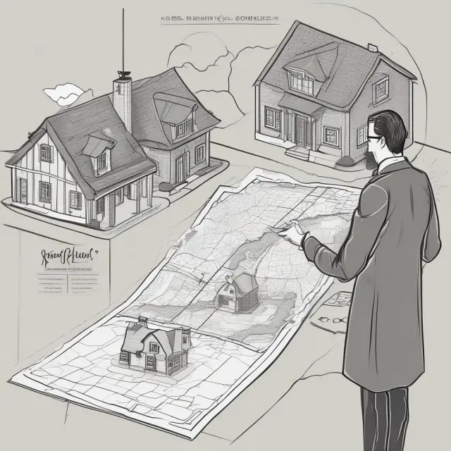 Person holding a globe between two houses labeled 