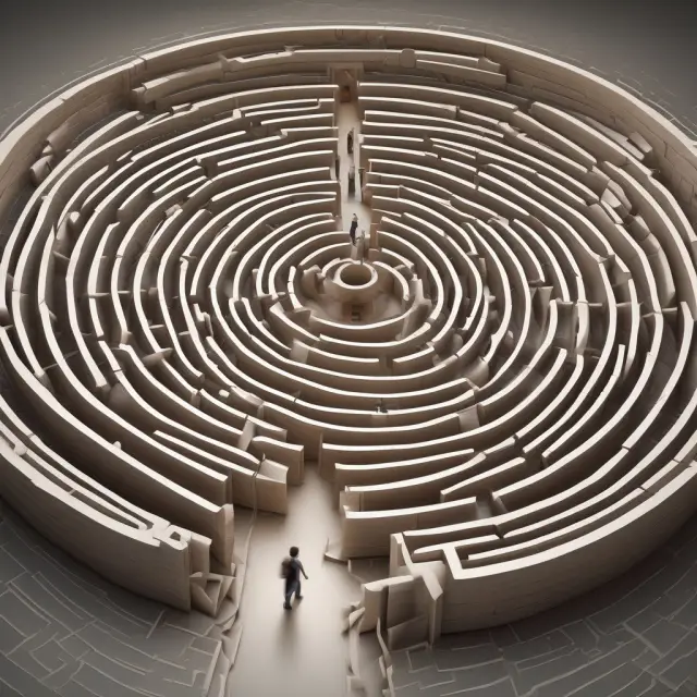 An intelligent figure guiding itself through a maze, illustrating the concept of determining one