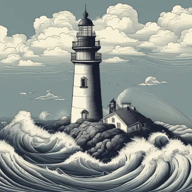 A lighthouse, symbolizing Donchian Channels, guiding traders through stormy financial seas and volatile price trends