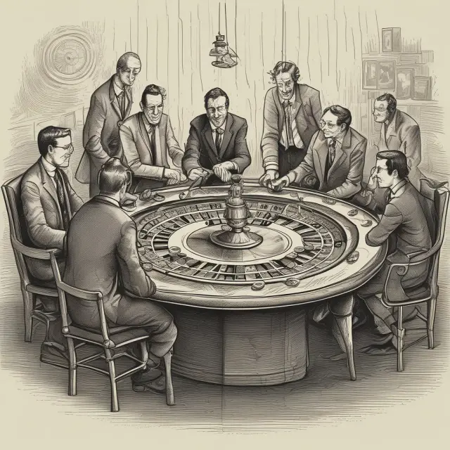 Golden roulette wheel with spinning Internet startups as bets, funded by venture capitalists in a scene depicting the Dotcom Bubble