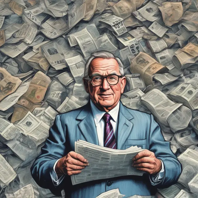 A newspaper tycoon symbolically controlling the media waves, affecting investor sentiment and decision-making during the dotcom bubble.