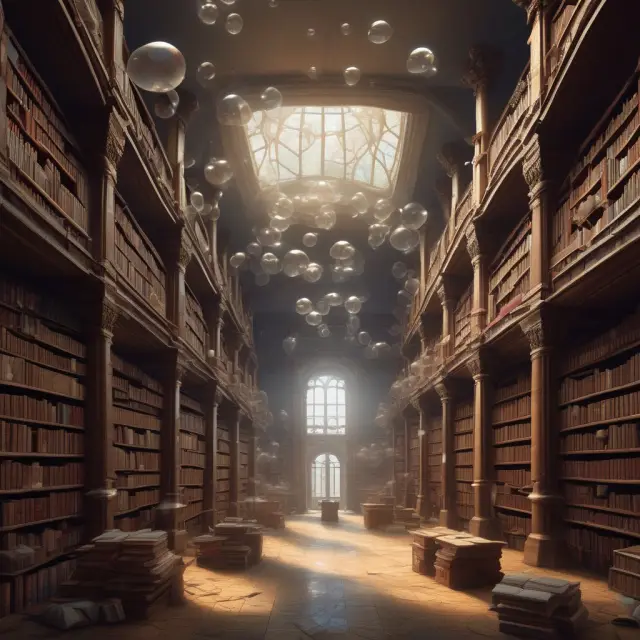 A visualization of historical asset bubbles: Tulip Mania, South Sea Bubble, and the dotcom bubble represented as books in an ancient library that bursts open