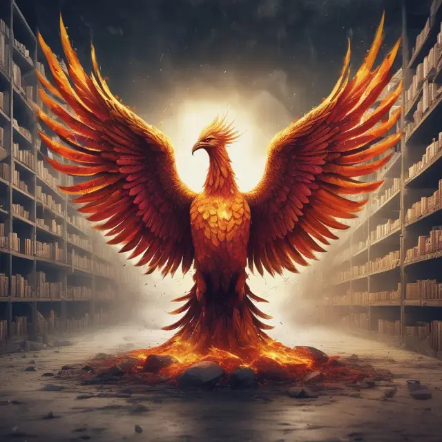 Digital Phoenix emerging from traditional retail store ruins, symbolizing the Dotcom business model