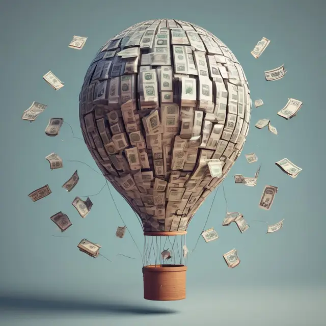 Hot air balloon filled with 90s currency symbols ascending towards an unreachable internet sphere - Dotcom Bubble Era