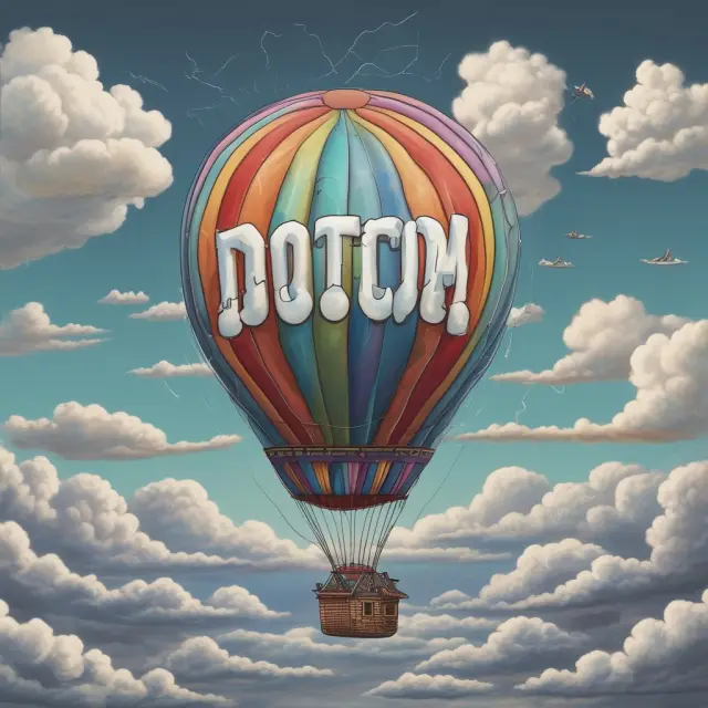 Imagery of a Dotcom Balloon bursting with rainclouds, symbolizing the economic bubble
