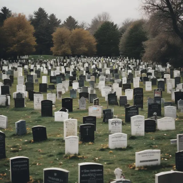 A graveyard filled with crosses bearing the logos of failed dotcom companies, including Pets.com and Pseudo.com