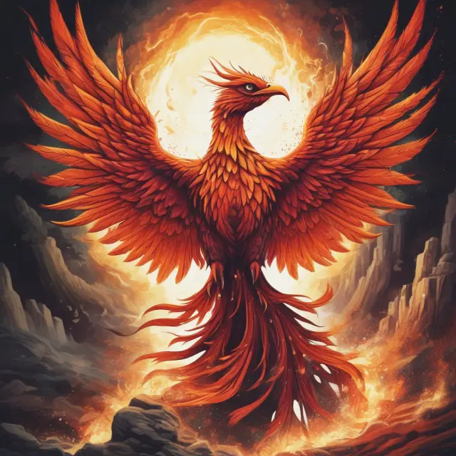 A phoenix rising above digital landscape, illustrating modern dotcoms