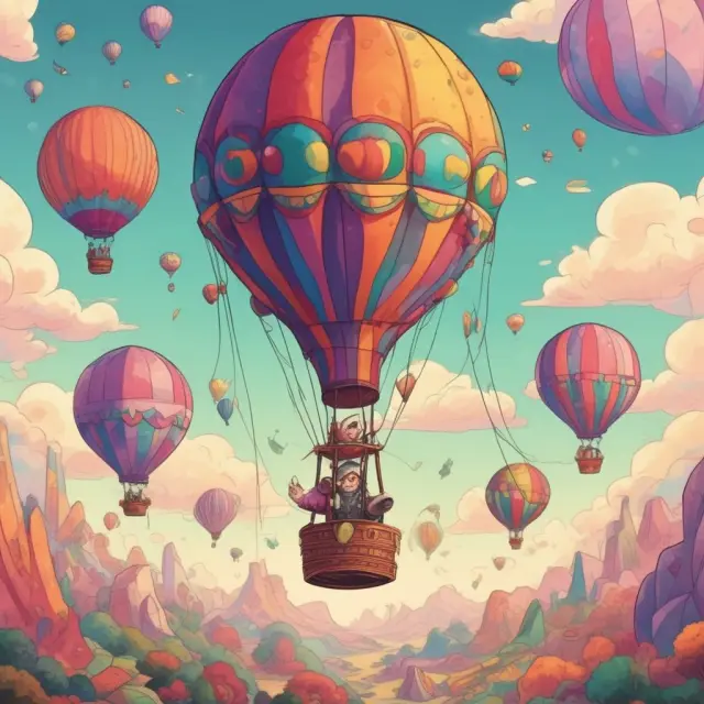 A colorful hot air balloon labeled 