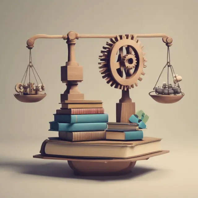 Visualization of a seesaw with books and gears to illustrate the balance between constant and variable depreciation methods
