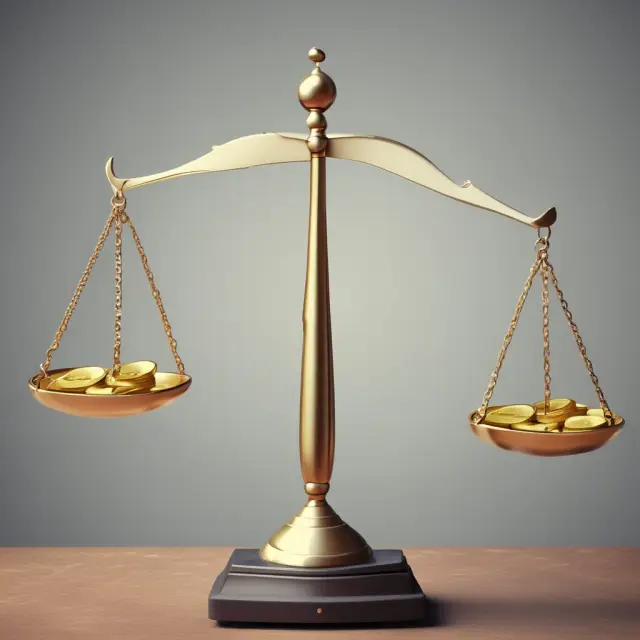 A balanced scale tipped by gold coins representing the Straight-Line Depreciation method, and a larger weight on the other side for the Double Declining Balance method.