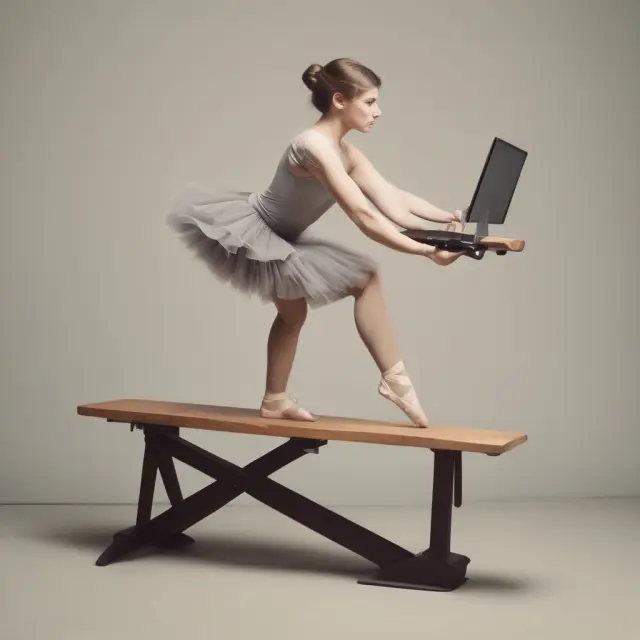 A ballet dancer performing an elegant dance on a seesaw where one end represents double-declining balance depreciation and the other, computer equipment.