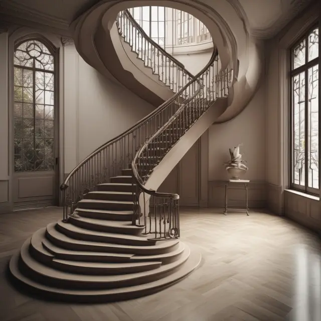An image of a double spiral staircase with labels illustrating yearly steps representing declining balance depreciation calculations.