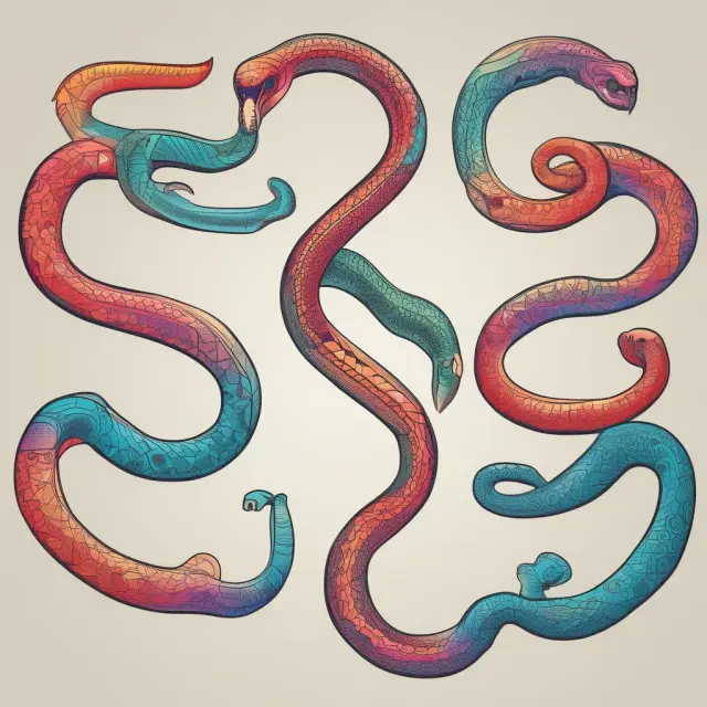 Visualizing DEMA, SMA, and MACD: Intertwined serpents representing different technical indicators with color-coded calculations