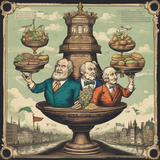 A wealthy corporation represented by an elegant hand holding a set of scales, balancing the benefits (advantages) and drawbacks (disadvantages) of the double Irish with a Dutch sandwich tax strategy.