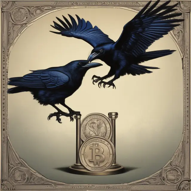 Two ravens, symbolizing corporations and shareholders, sharing a single coin to illustrate double taxation in the US tax system