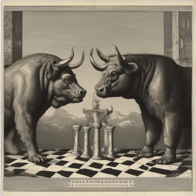 Bulls (countries) and bears (companies) engaging in a metaphorical game of chess to represent double taxation treaties.