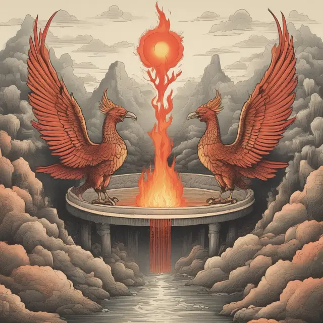 Two mythical phoenixes emerging from a 
