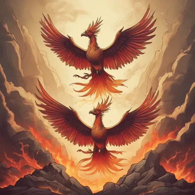 Two mythical Phoenixes emerging from market ashes, depicting the significance of double bottom patterns in finance