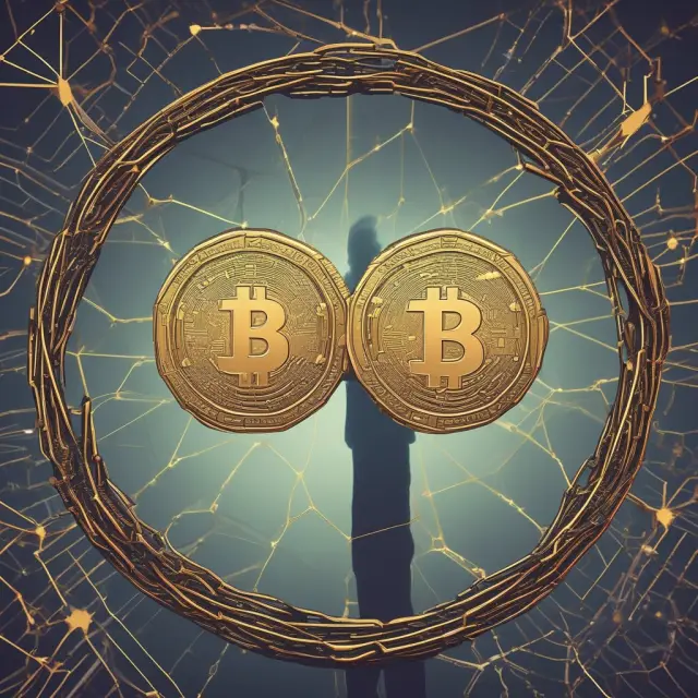A double-headed coin suspended in the air between two interconnected blockchain networks illustrates the theoretical risk of double spending