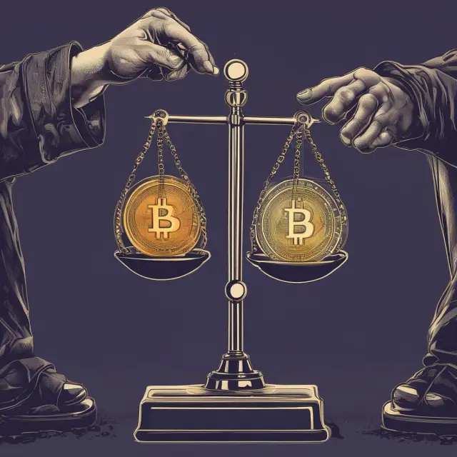 Two hands struggle for balance on a digital scale, symbolizing conflicting transactions and double-spending risk in cryptocurrencies