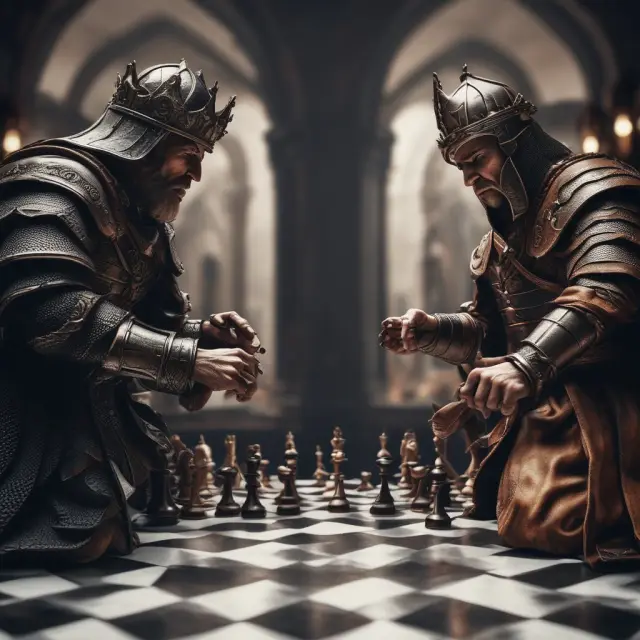 Rogue King vs Watchful Knight: An image of two chess pieces representing a king and knight, illustrating the struggle against unconfirmed transaction attacks in blockchain networks.