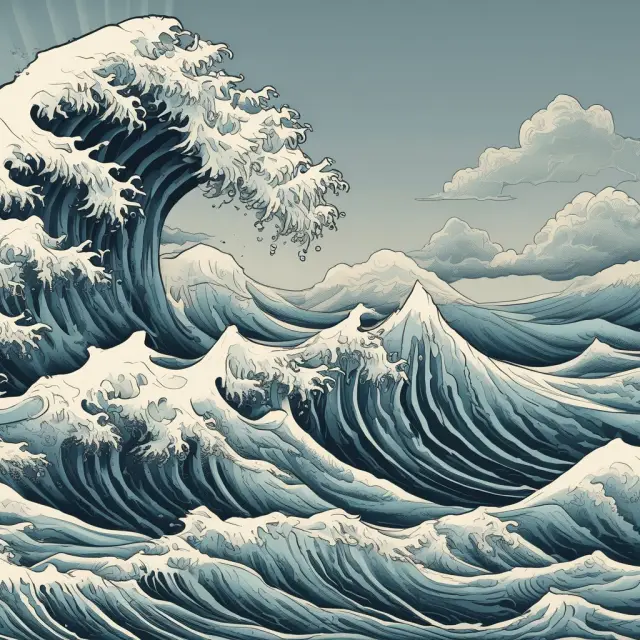 An image of double tops floating in a turbulent sea with waves symbolizing stock price fluctuations and market volatility
