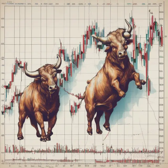 Bull and bear observing stock chart with two consecutive highs, representing a potential double top reversal pattern
