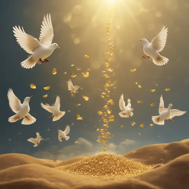 A flock of doves releasing golden seeds over a lush, green economy