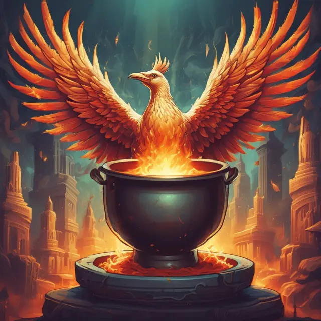 Phoenix emerging from a cauldron of economic data, representing the transformative role of influential doves in economics